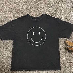 Oversized Black T-Shirt with stitched Smiley Face